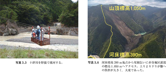 図3.3 十勝川を野猿で渡河する。／図3.6 河床標高390m地点から尾根伝いに赤谷地区頭部の標高1,050mへアクセス。上りより下りが膝への負担が大きく、大変であった。